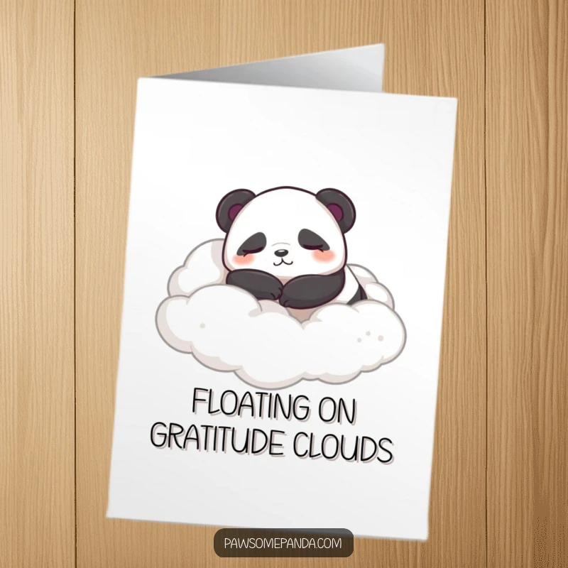 Funny Free Printable Thank You Card: a content, sleepy panda rolls in fluffy clouds, radiating peace.