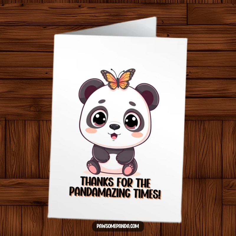 Funny Free Printable Thank You Card: A panda with comically wide eyes reacts with surprise to a floating butterfly.