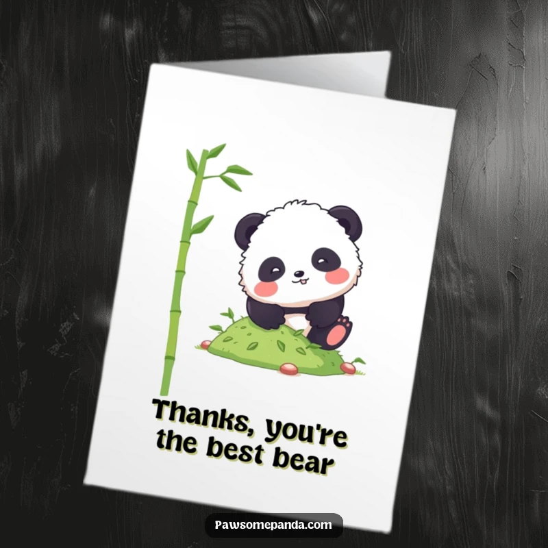 Funny Free Printable Thank You Card: A fluffy panda comically tumbling down a gentle hill of tasty bamboo.
