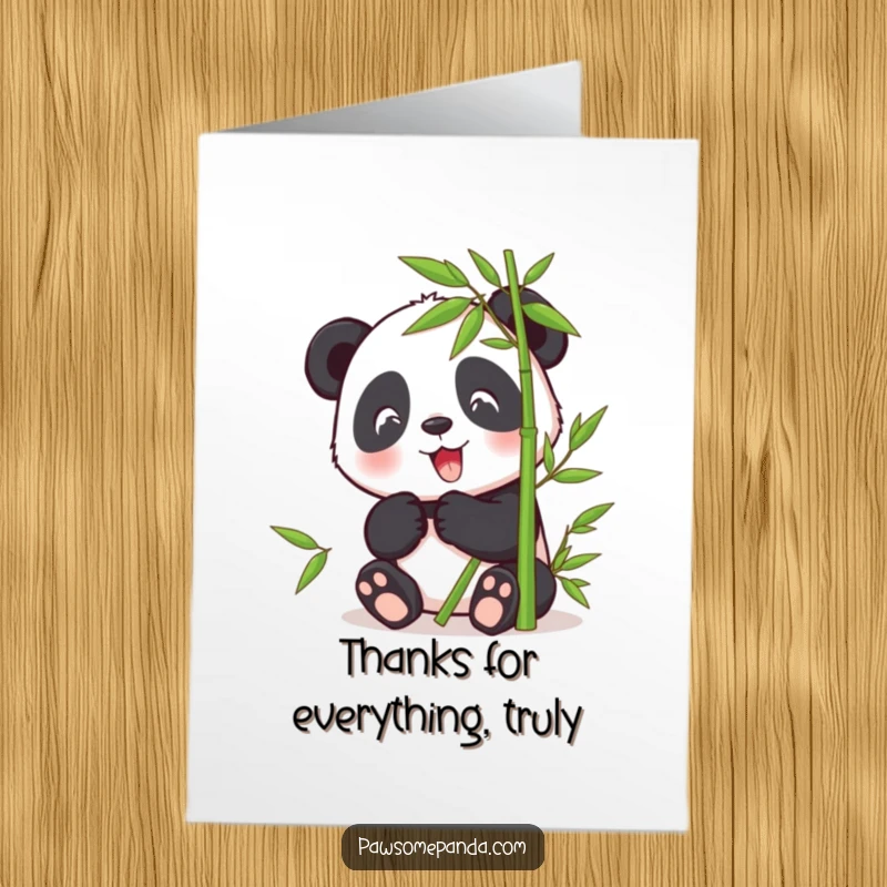 Funny Free Printable Thank You Card: A happy panda character enjoying munching on bamboo, conveying sincere thanks.