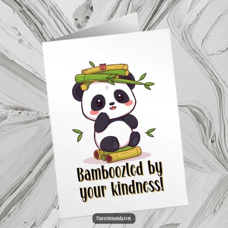 Funny Free Printable Thank You Card: A panda masterfully balances a large stack of bamboo shoots, illustrating a well-supported situation.