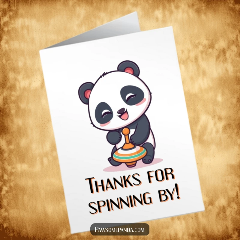 Funny Free Printable Thank You Card: A mischievous panda tries to balance a spinning top, a humorous downloadable way to say thanks.