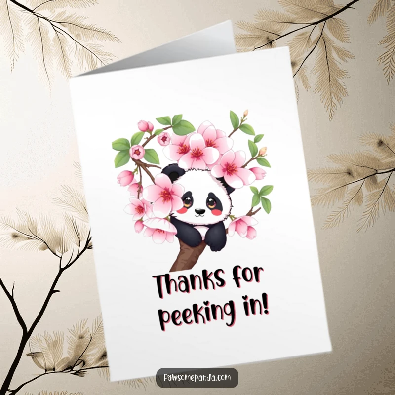 Funny free printable thank you card: a curious panda peeks from a giant cherry blossom, a sweet and funny thank you.