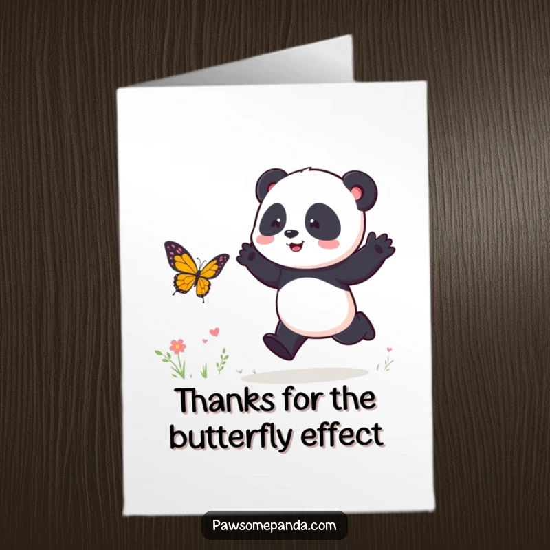 Funny Free Printable Thank You Card: A happy panda energetically hops, chasing a butterfly, conveying playful gratitude.