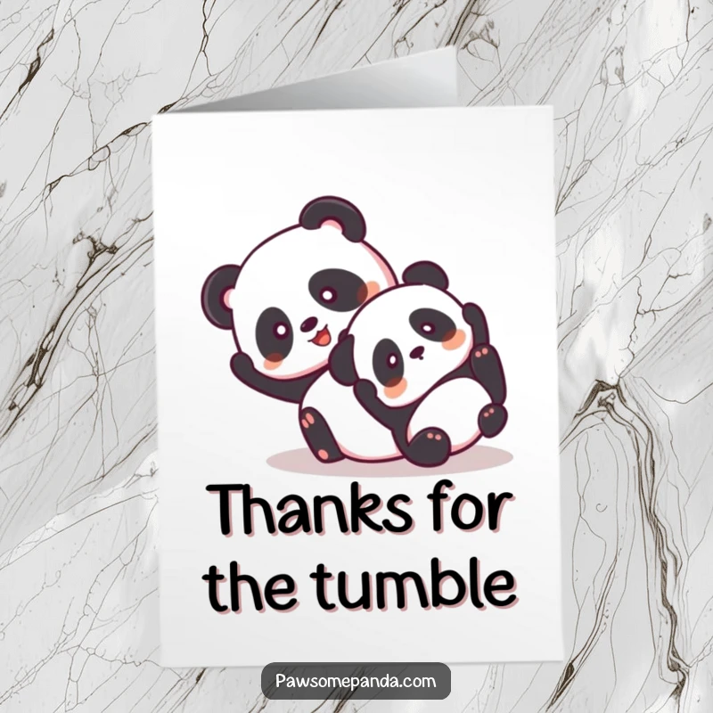 Funny Free Printable Thank You Card: Two happy, giddy pandas tumbling playfully. Cheerful and fun downloadable thank you.