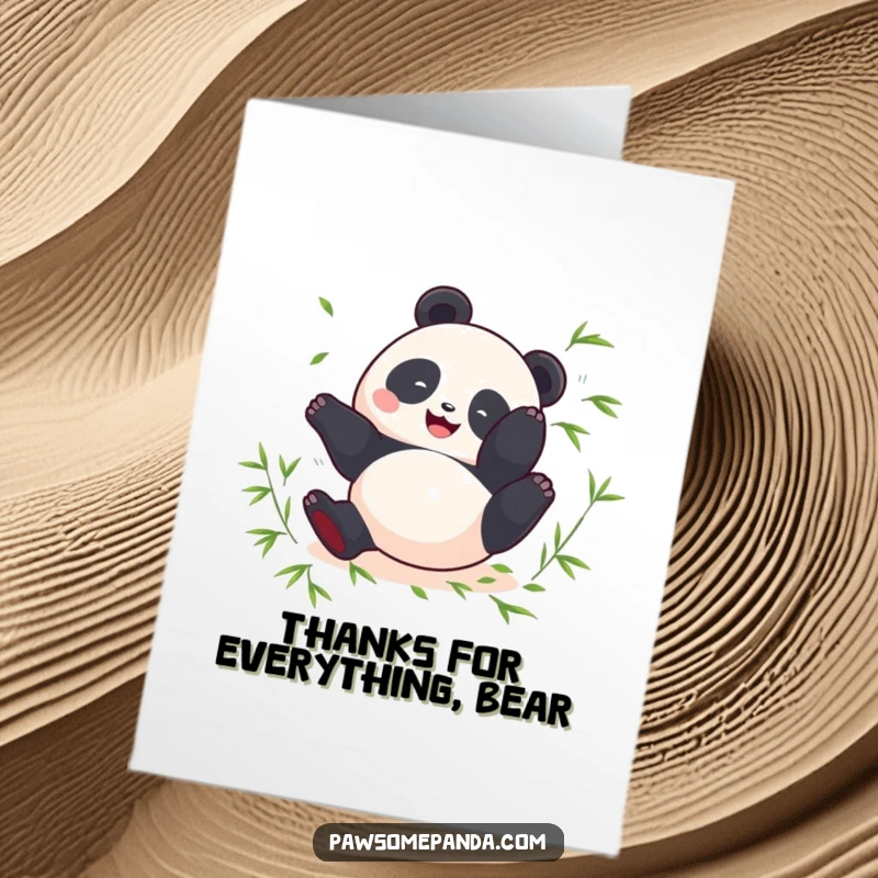 Funny Free Printable Thank You Card: A happy round panda does a somersault, scattering bamboo leaves, to say thank you.