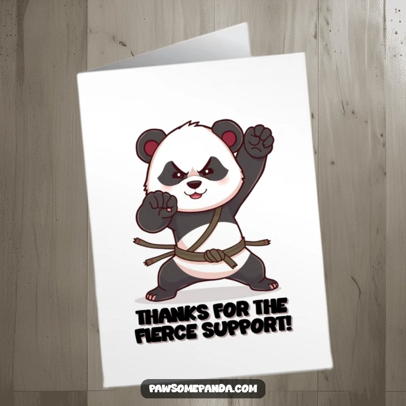 Funny Free Printable Thank You Card: A panda executes a powerful karate chop, sending thanks with impressive skill.