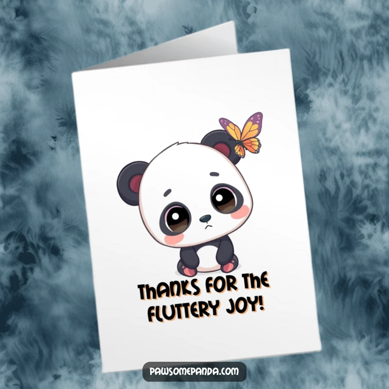 Funny Free Printable Thank You Card: A panda with wide, curious eyes watches a butterfly dance in the air.
