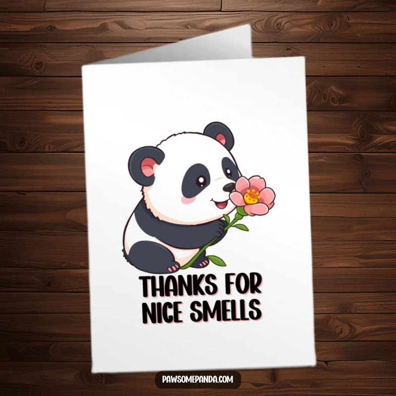 Funny Free Printable Thank You Card: a panda with alert ears curiously smelling a beautiful blooming flower.