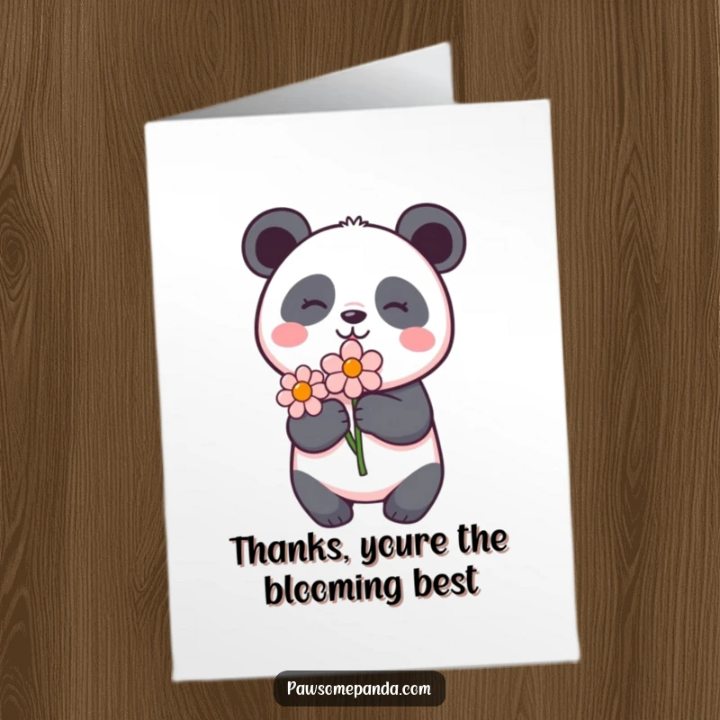 Funny Free Printable Thank You Card: a panda character holding a flower with delight, offering a heartfelt thank you.