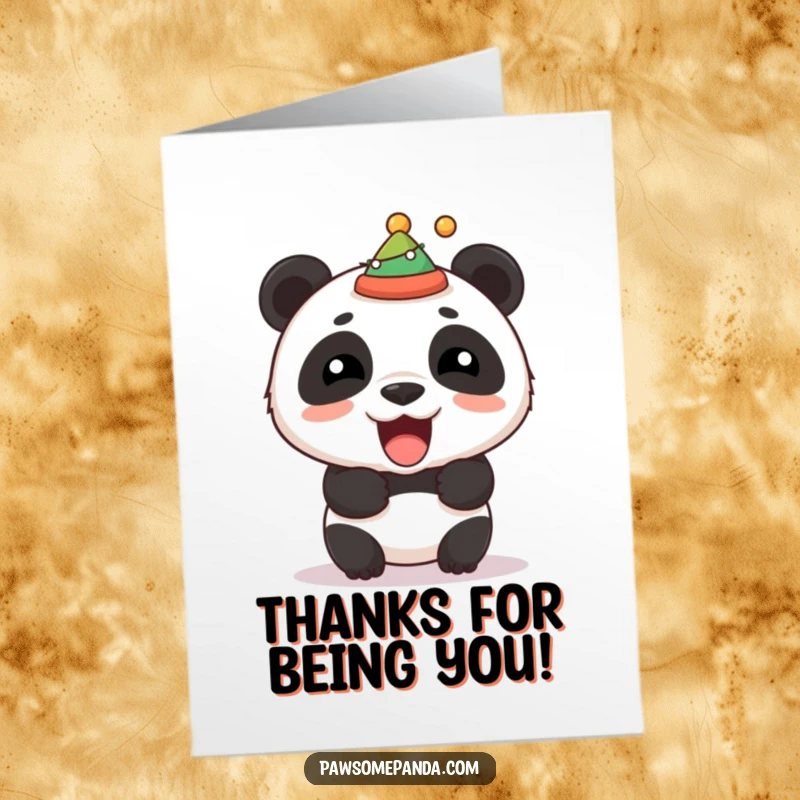 Funny Free Printable Thank You Card: A panda roars playfully in a festive hat, a humorous and bold way to say thanks.