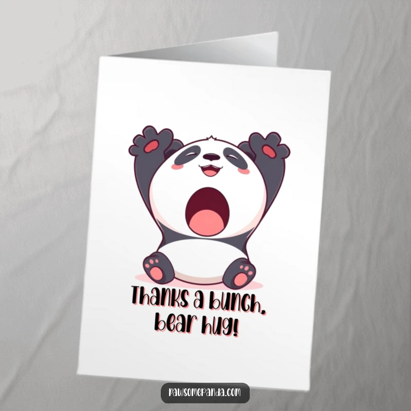Funny free printable thank you card, a kawaii panda bear stretching with a big yawn and a smile, expressing thanks gently.