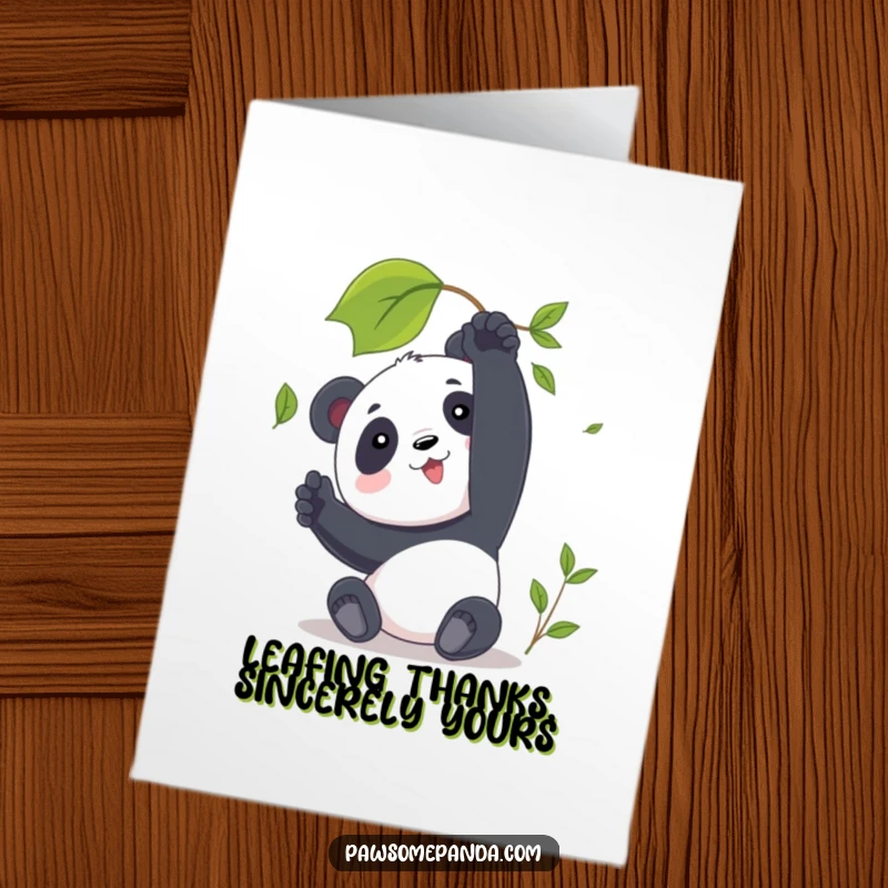 Funny Free Printable Thank You Card of a panda gently reaching for a single falling leaf.
