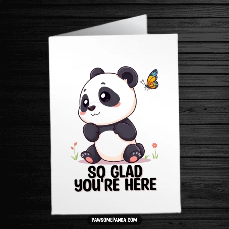 Funny Free Printable Thank You Card depicting a panda tilting its head curiously at a fluttering butterfly.