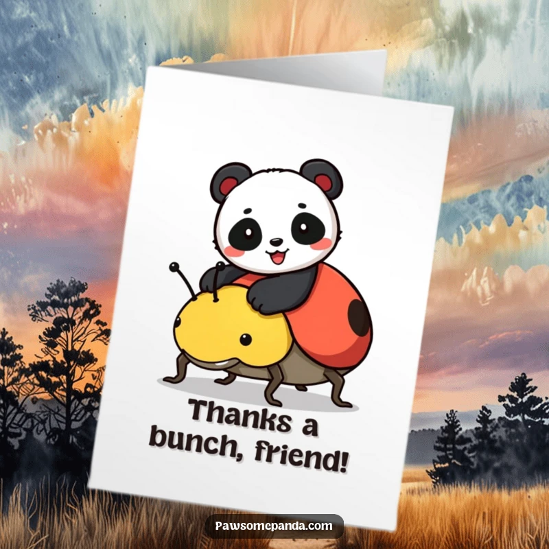 Funny Free Printable Thank You Card: Panda gleefully rides a large ladybug, conveying thanks with a silly and unique design.