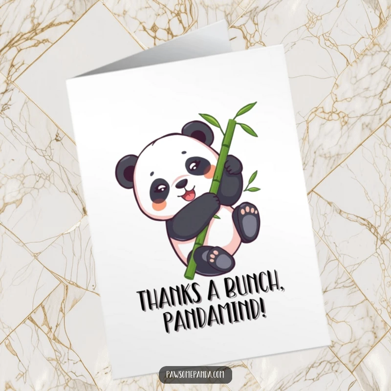 Funny Free Printable Thank You Card: Amused panda bear in mid-tumble down bamboo, exuding happiness and thanks with a cheerful expression.