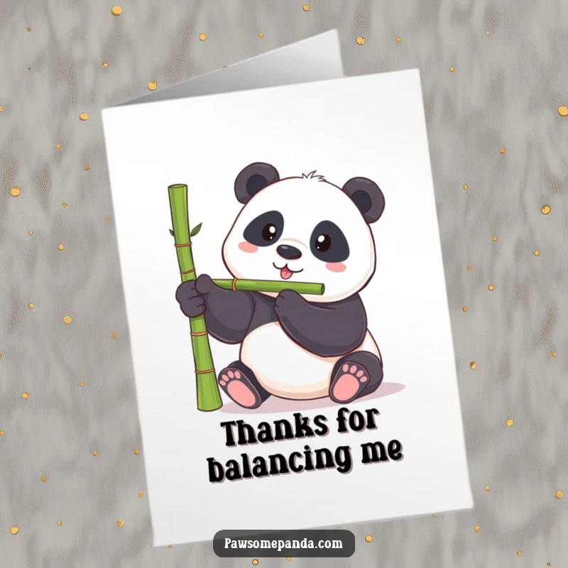 Funny Free Printable Thank You Card: Amusing panda bear wobbling slightly while precariously balancing a bamboo shoot on the tip of its nose.