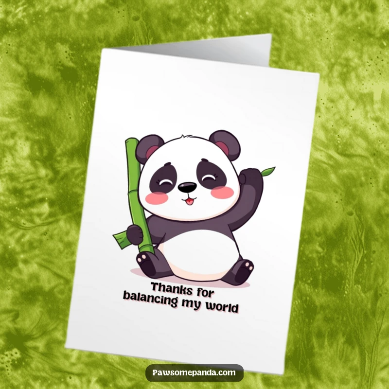 Funny Free Printable Thank You Card: Kawaii panda bear attempting to balance a large bamboo stalk, with a strained smile.