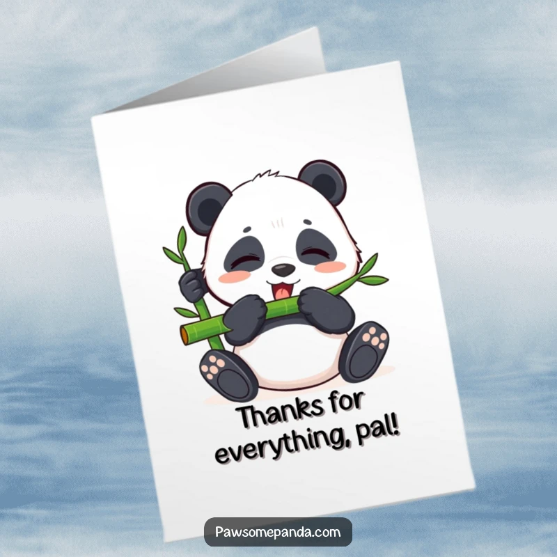 Funny Free Printable Thank You Card: A panda contentedly munches bamboo with eyes shut, a cute and funny expression of thanks.