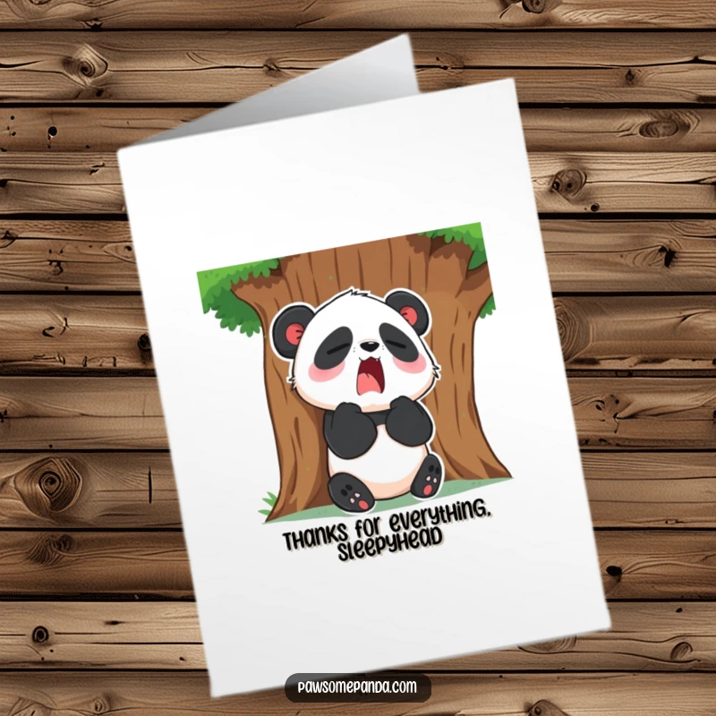 Funny Free Printable Thank You Card: Sleepy panda sitting by a tree, yawning widely, a humorous take on restful thanks.