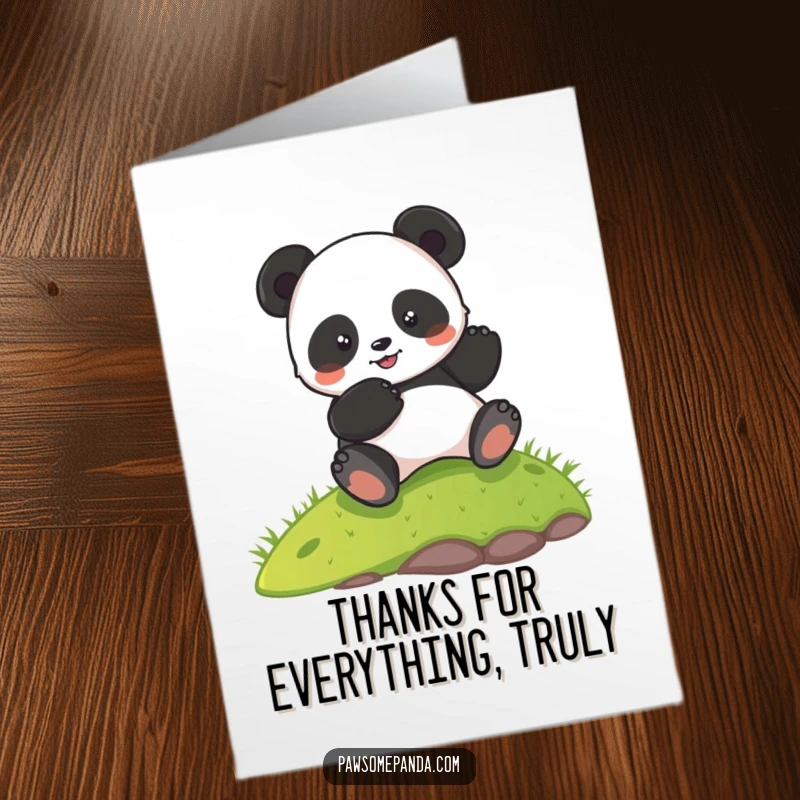 Funny Free Printable Thank You Card: A cute panda character rolling downhill with a big smile, saying thanks.