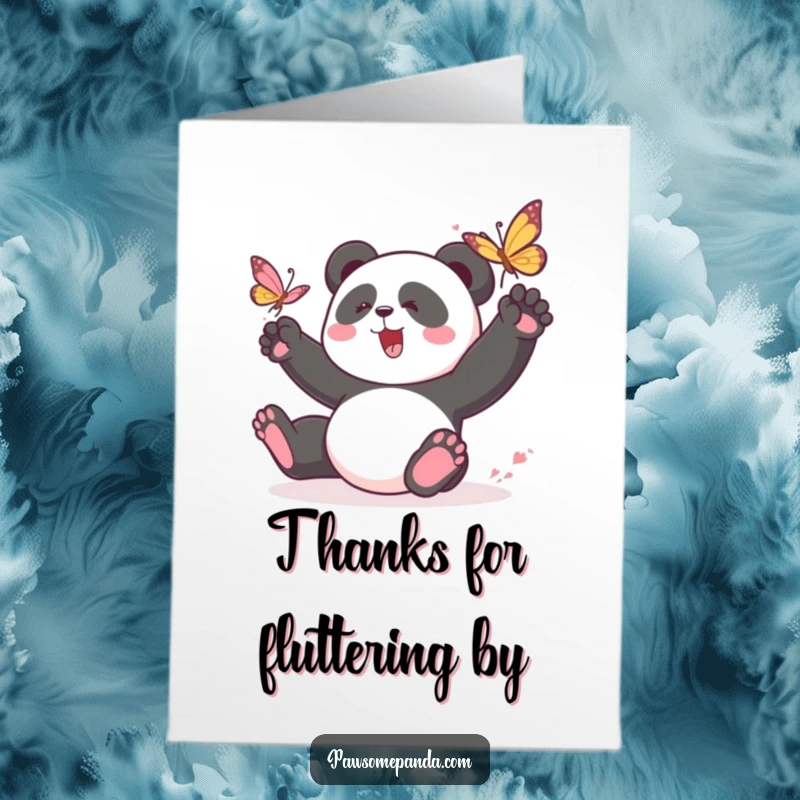 Funny Free Printable Thank You Card: a panda playfully chasing a butterfly, a joyful way to express thanks.