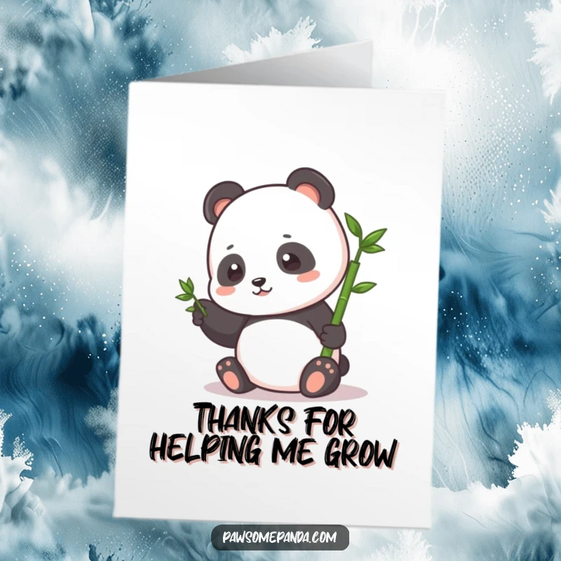 Funny Free Printable Thank You Card: Small panda happily pats a tiny bamboo sprout, a humorous gesture of growth and thanks.