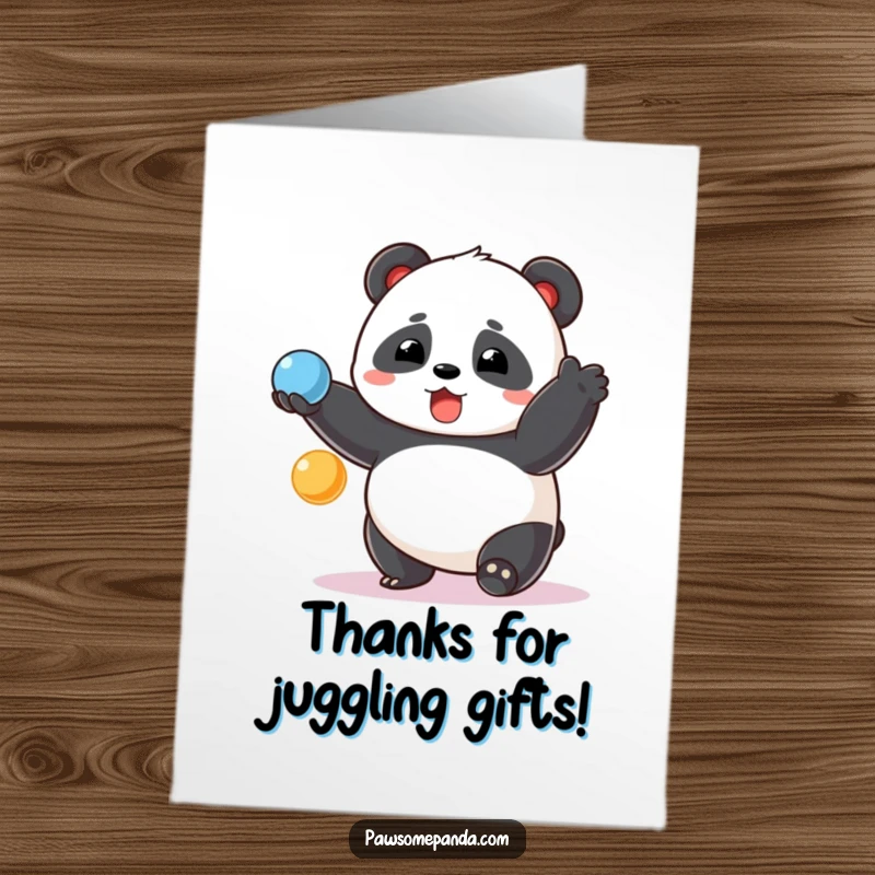 Funny free printable thank you card: chubby panda juggling with a surprised expression, a whimsical way to say thanks.