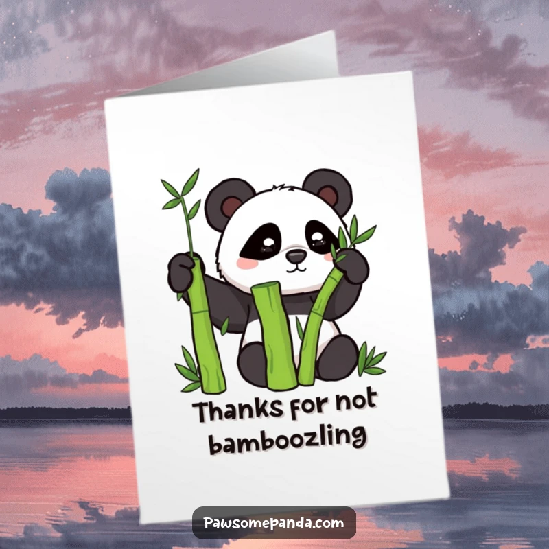 Funny Free Printable Thank You Card: Mischievous panda hiding behind bamboo, offering a playful peek. Sweet downloadable gratitude.