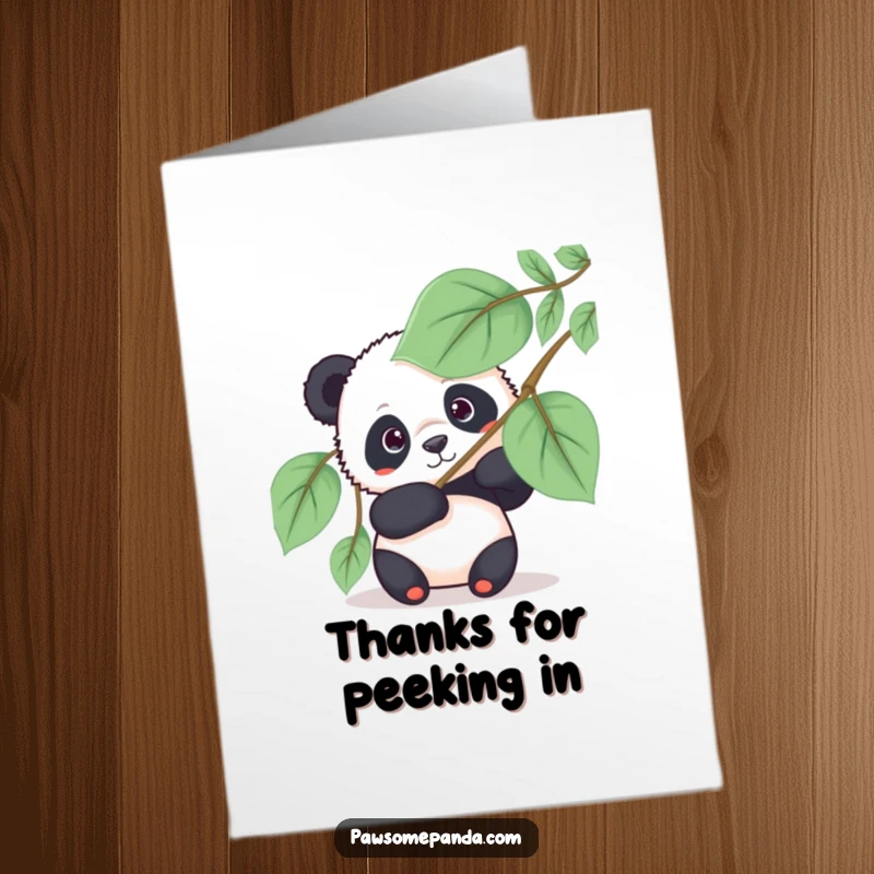 Funny Free Printable Thank You Card: A shy but curious panda bear peeking out from behind a huge, decorative fan made of green leaves.