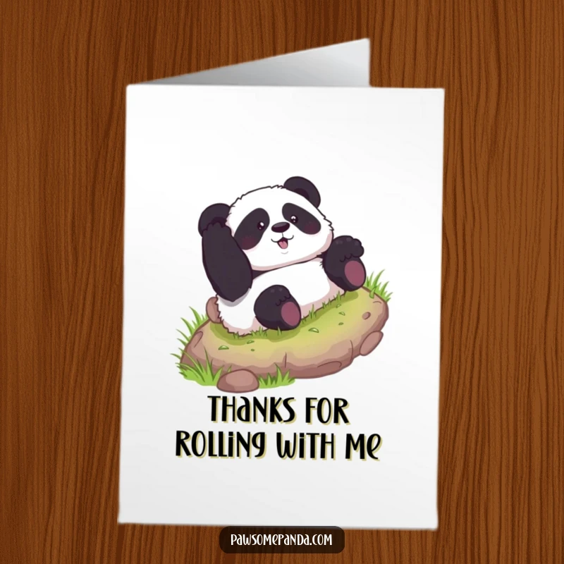 Funny Free Printable Thank You Card: Curious panda tumbling down a grassy hill, a cute and hilarious downloadable card. Express thanks with humor.