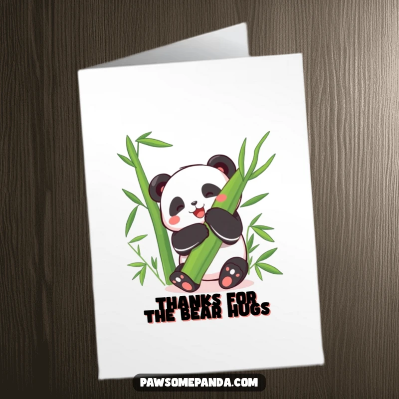 Funny Free Printable Thank You Card: Happy panda hugging giant bamboo leaf, expressing thanks with delightful humor.