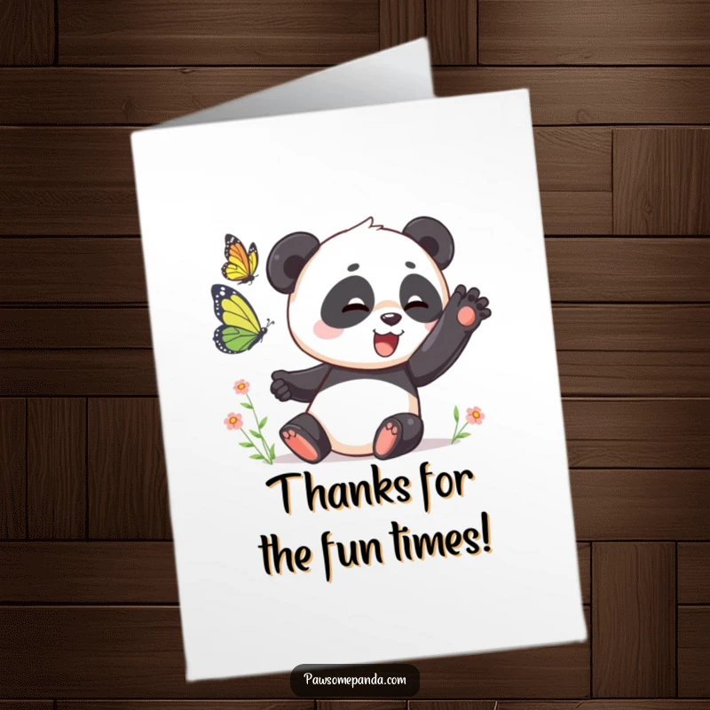 Funny Free Printable Thank You Card: A panda playfully swatting at a butterfly, conveying thanks with lighthearted charm.