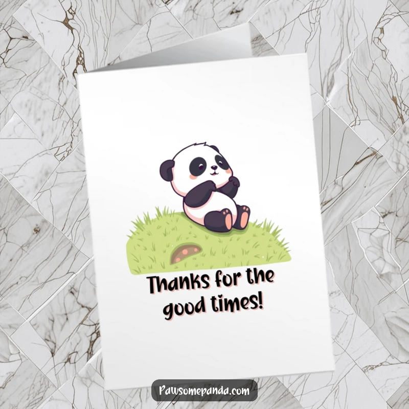 Funny Free Printable Thank You Card: A playful panda rolls down a grassy hill, sending thanks with a smile.