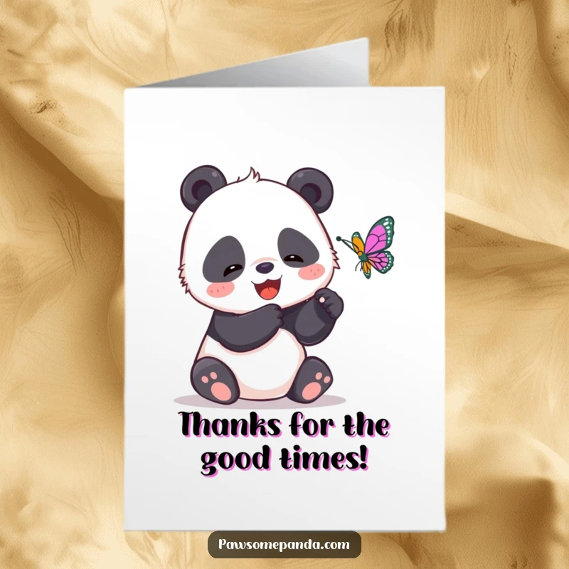 Funny Free Printable Thank You Card: A panda hilariously chases a butterfly, a whimsical way to say thank you with humor.