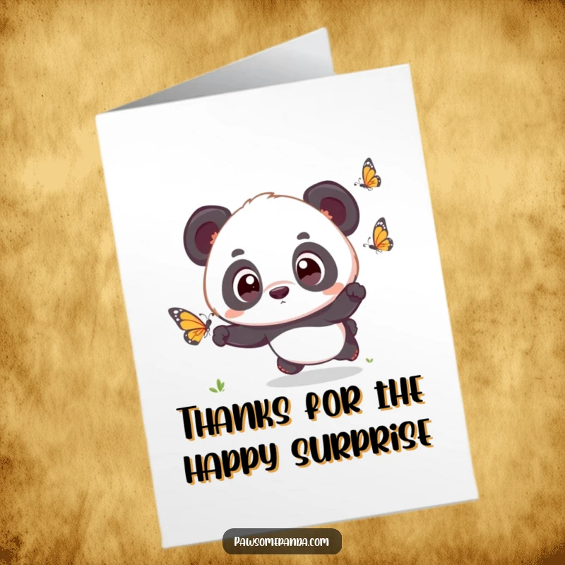 Funny Free Printable Thank You Card: Kawaii panda cub with wide, surprised eyes, chasing a delicate butterfly.