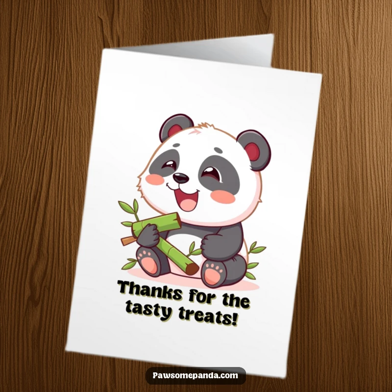 Funny free printable thank you card depicting a kawaii panda cub gleefully enjoying a tasty bamboo snack with great pleasure.