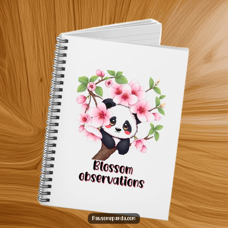 Funny curious panda notebook, peeking from a giant cherry blossom, ideal for writing and sketching, a whimsical gift.