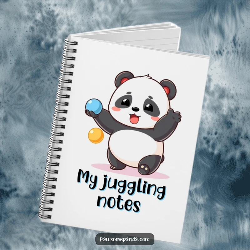 Funny chubby panda notebook, surprised expression, juggling colorful balls, perfect for writing, a humorous gift.