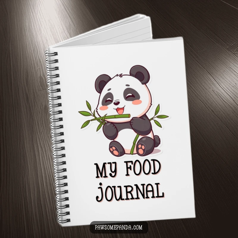 Funny notebook cover with a cute panda character munching on bamboo, designed for jotting down notes and ideas with humor.