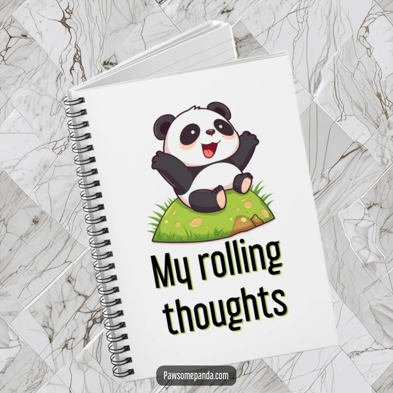 Funny happy panda notebook, rolling down a green hill with glee, ideal for writing, a humorous gift.