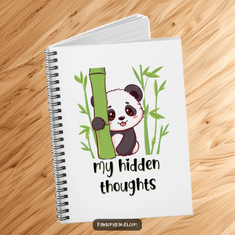Funny notebook with a kawaii panda cub peeking curiously from behind bamboo, ideal for creative writing and note-taking.
