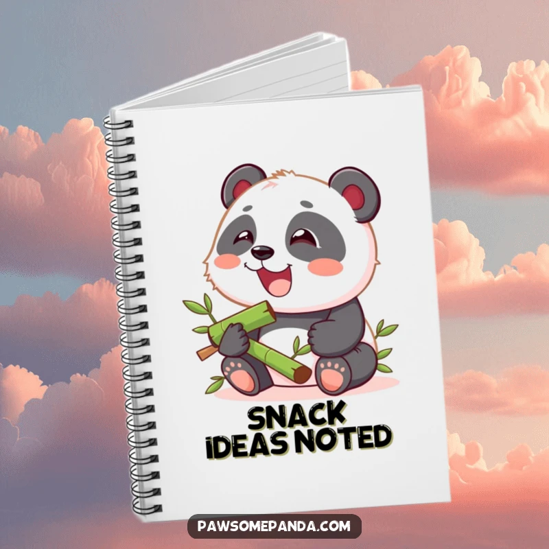 Funny notebook with a kawaii panda cub happily munching on bamboo, perfect for jotting down notes with a smile.