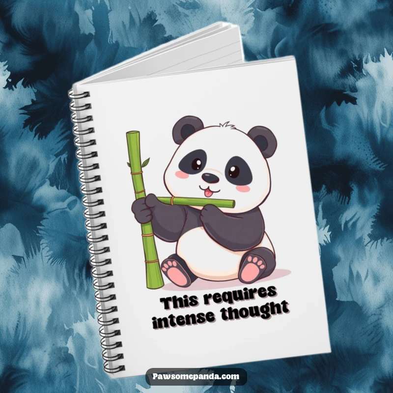 Funny panda notebook featuring a chubby panda bear trying to balance a bamboo shoot on its nose, for funny note-taking.