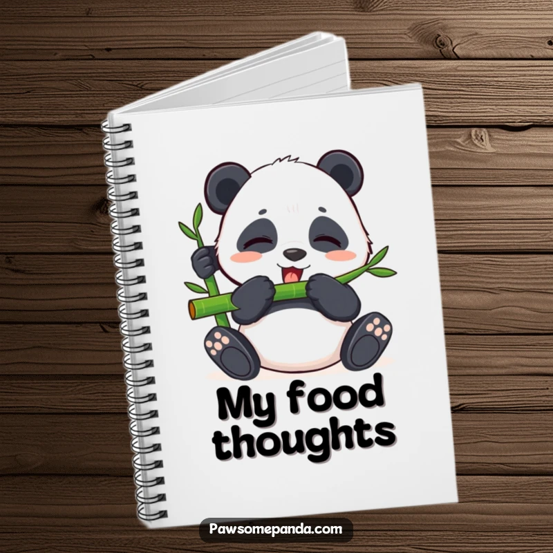 Funny notebook featuring a content panda happily munching bamboo with closed eyes, perfect for notes and peaceful ideas.