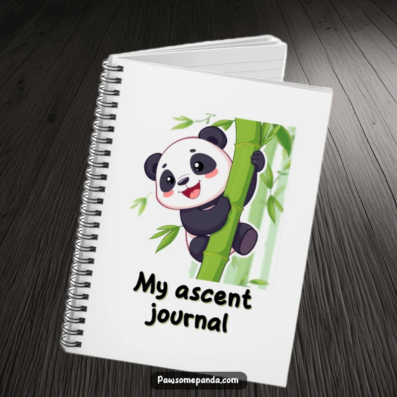 Funny notebook featuring a smiling panda character scaling a bamboo stalk, perfect for taking notes with a hint of ambition.