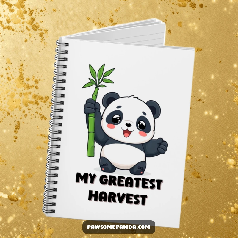 Funny notebook with a panda character proudly holding a bamboo shoot, ideal for journaling achievements with humorous flair.