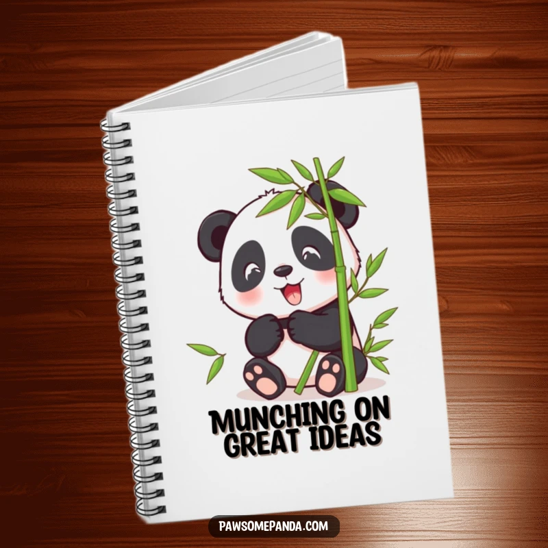 Funny notebook cover with a happy panda character eating bamboo, ideal for capturing notes and peaceful thoughts.