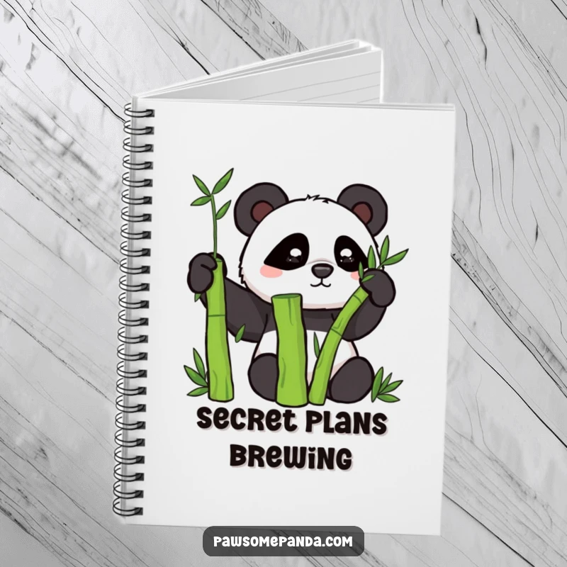 Funny notebook cover with a mischievous panda character peeking out from behind a bamboo stalk.