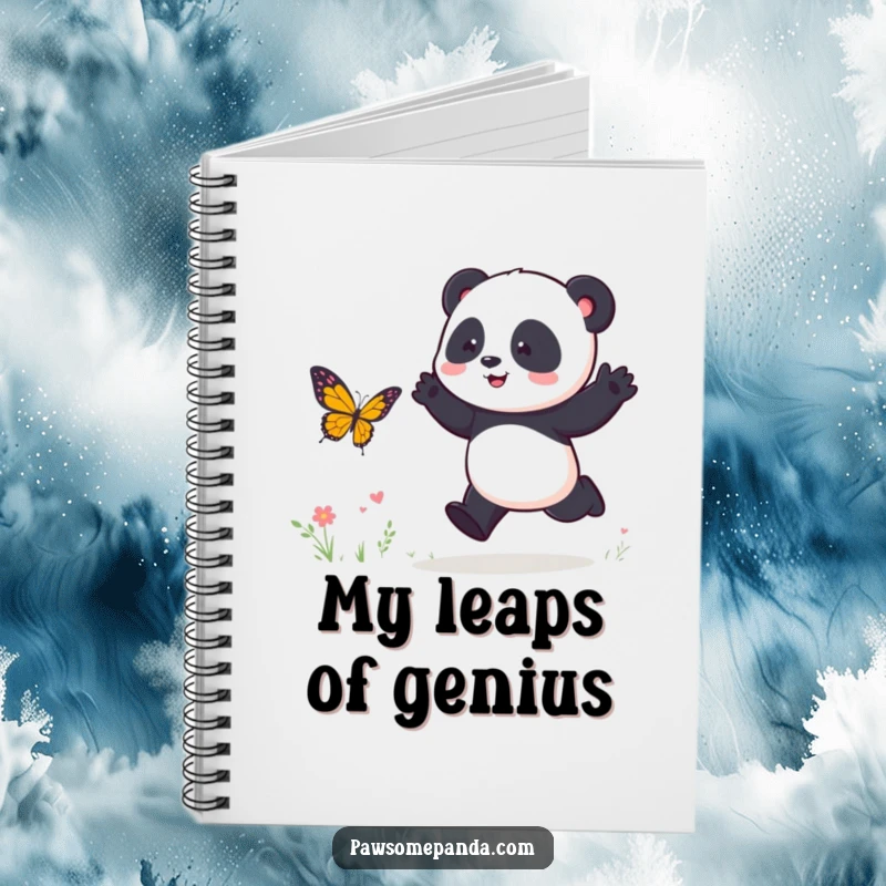 Funny Notebook: A playful panda character energetically hops, chasing a butterfly, ideal for capturing notes and creative ideas.